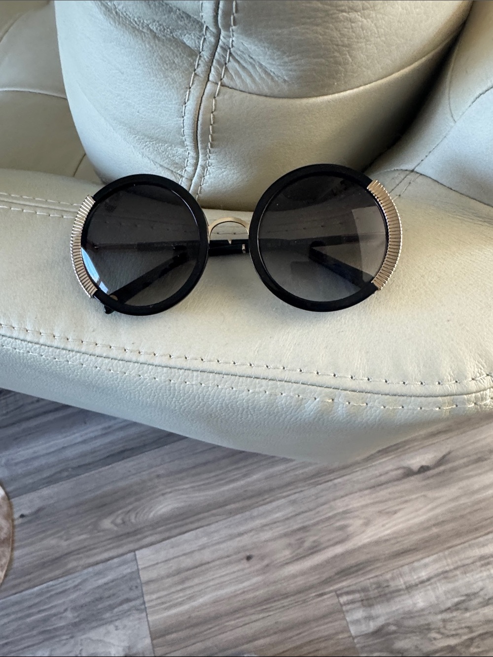 Balmain Black Round Sunglasses with Gold Ribbed Temples